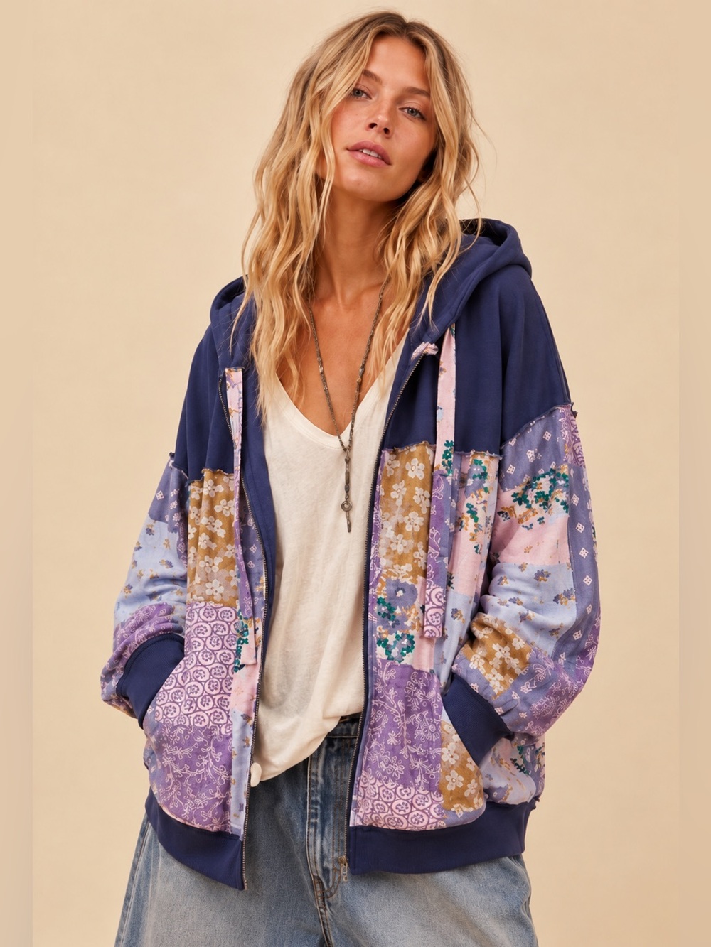 Purple multicolor floral patchwork hoodie sweatshirt boho western jacket coat